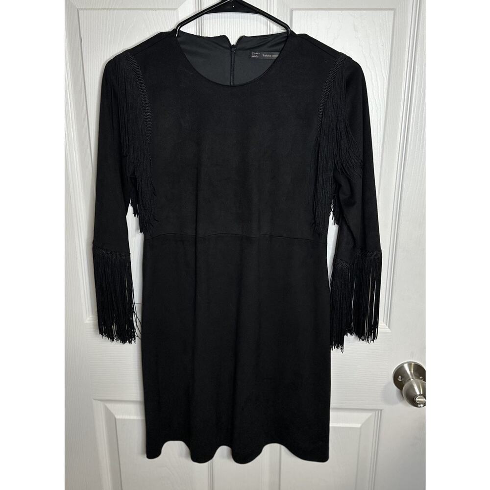 Zara Black Suede Western Dress Tassel Fringe Long Sleeve Size Small Cowgirl